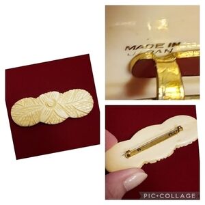 Vintage Made In Japan Carved Bone Floral Pin Brooch